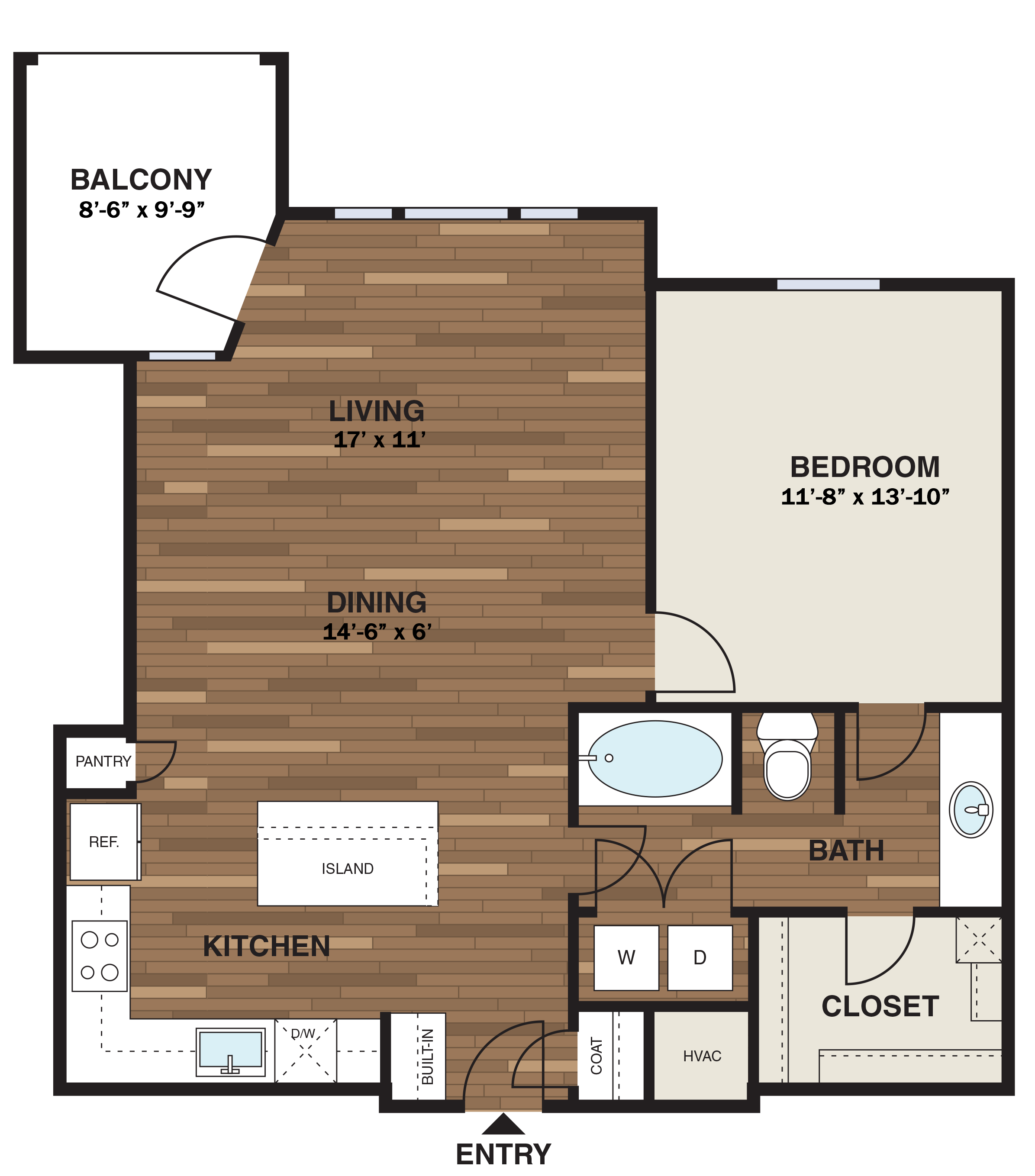 Floor plan for 1 bed, 1 bath, 865 sqft